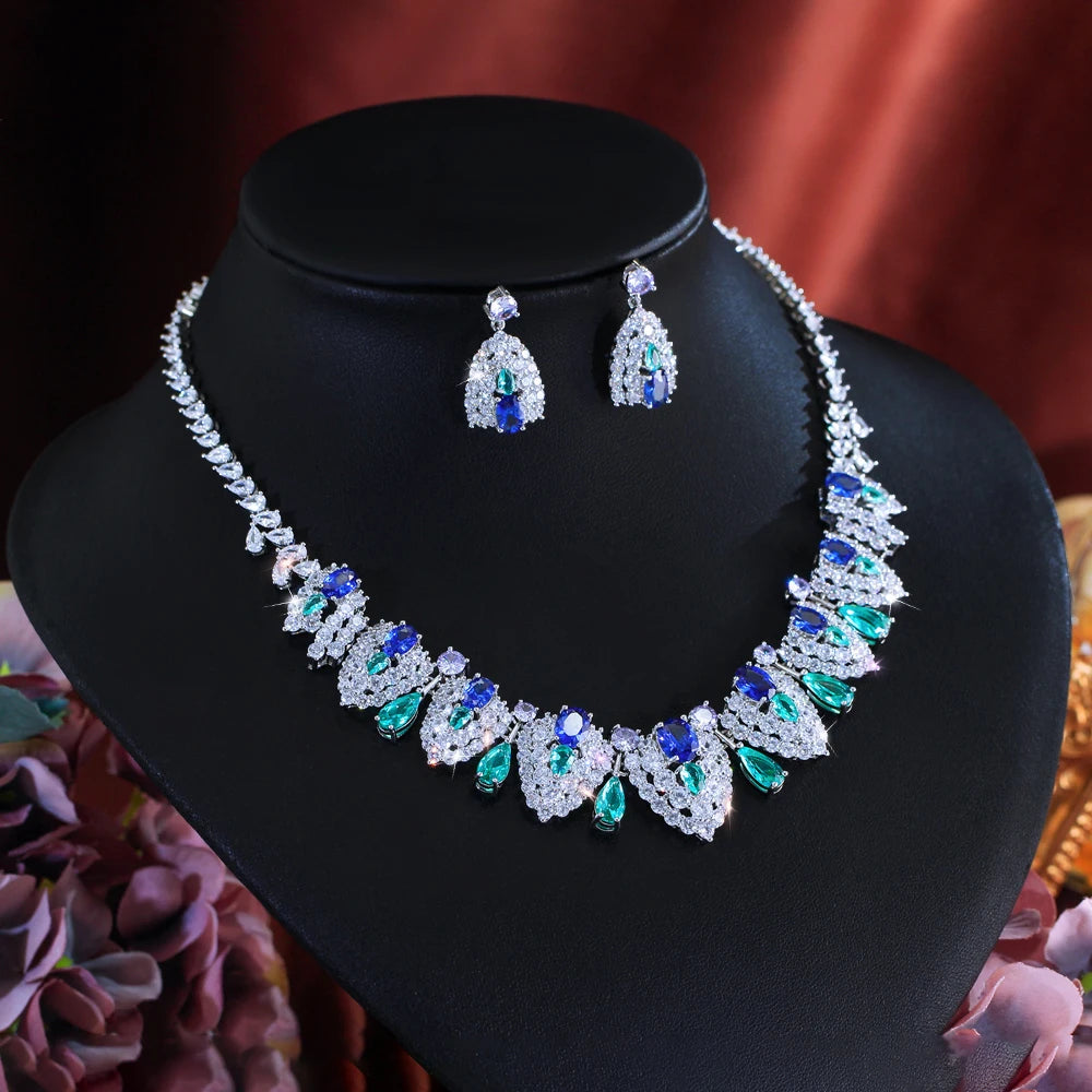 Luxury Brilliant Blue Synthetic Tanzanite Stone and Cubic Zirconia Shield Design Bridal Wedding Party Jewelry Set for Women