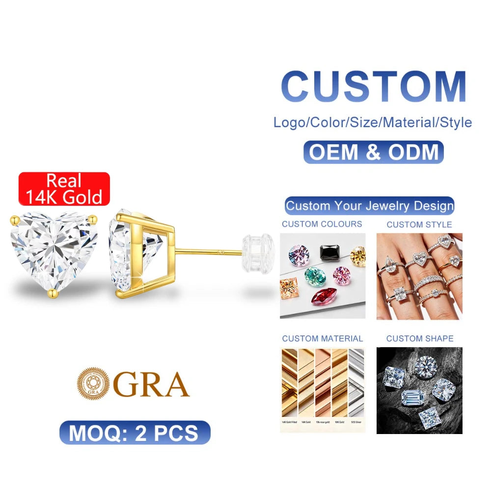 Gioiellieri Fine Jewelry Manufacturer Engagement Woman Gift Real 14K Gold Hollow 2ct 3ct Moissanite Diamond Heart Stud Earrings
