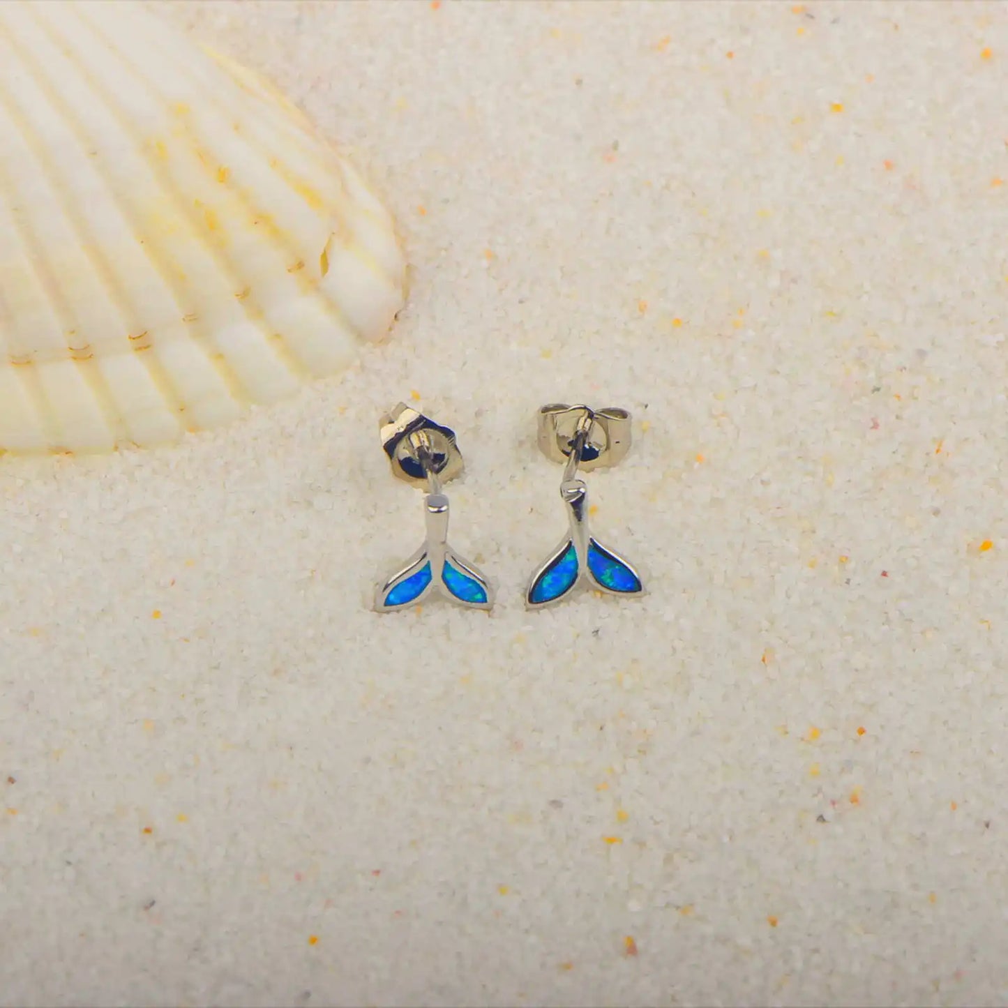 Hawaiian Trendy Whale Tail Studs   Sparkling Blue Opal Earrings Cute Ocean Theme Jewelry