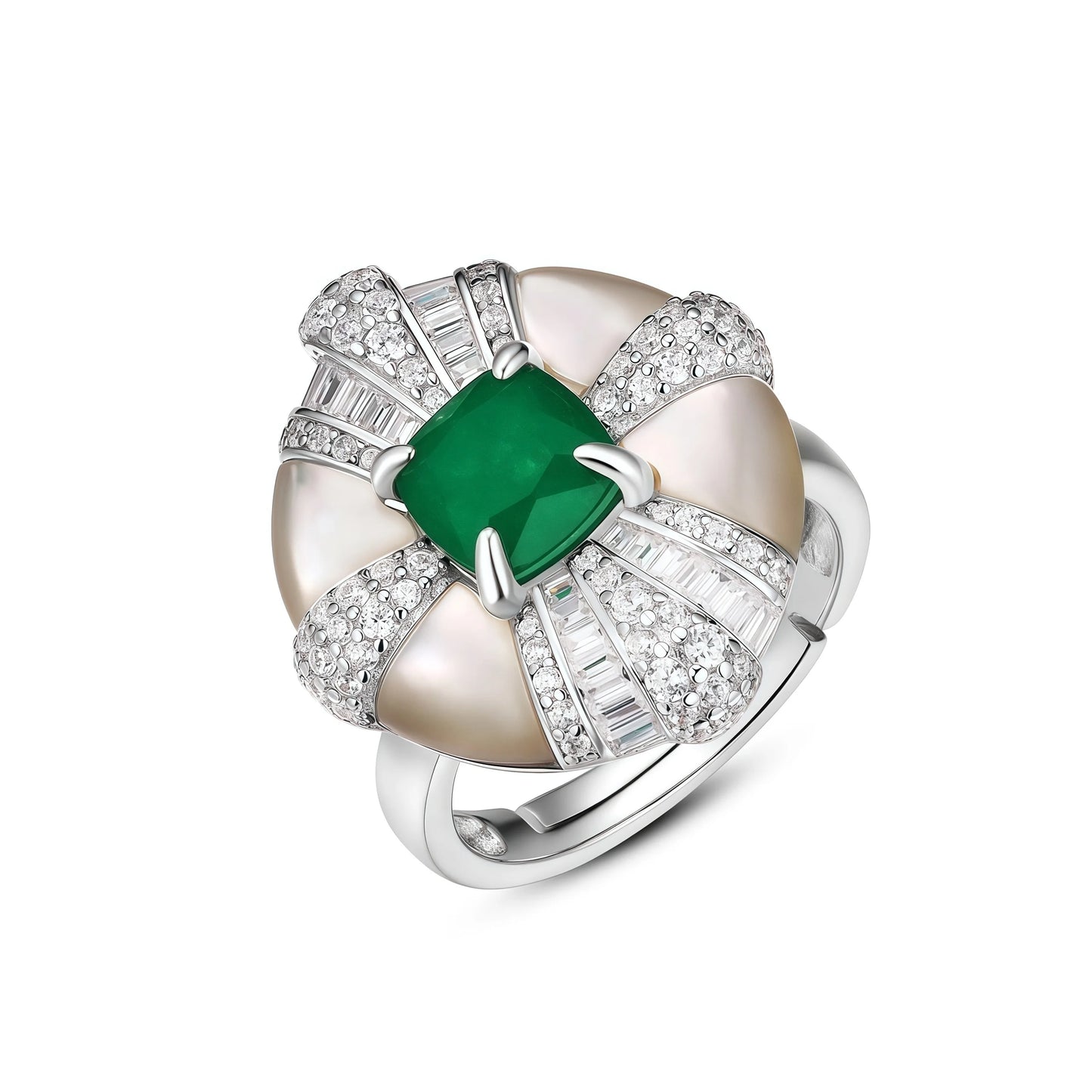 MUSHAN High Carbon Diamond 925 Sterling Silver Ring Rhodium Plated Women's Green Shell Jewelry with Synthetic Gemstones