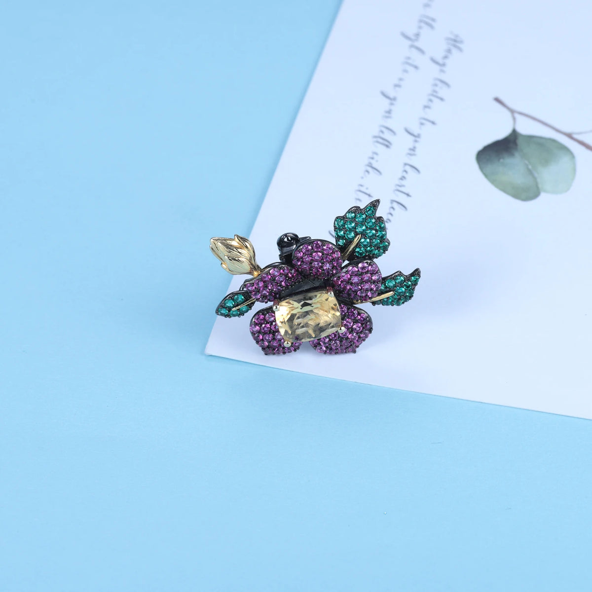 ArtistA Abiding OEM ODM Two Tone 925 Silver Jewelry Set Natural Citrine Gemstone Leaf Bud Flower Adjustable Ring Earrings Brooch Pendant