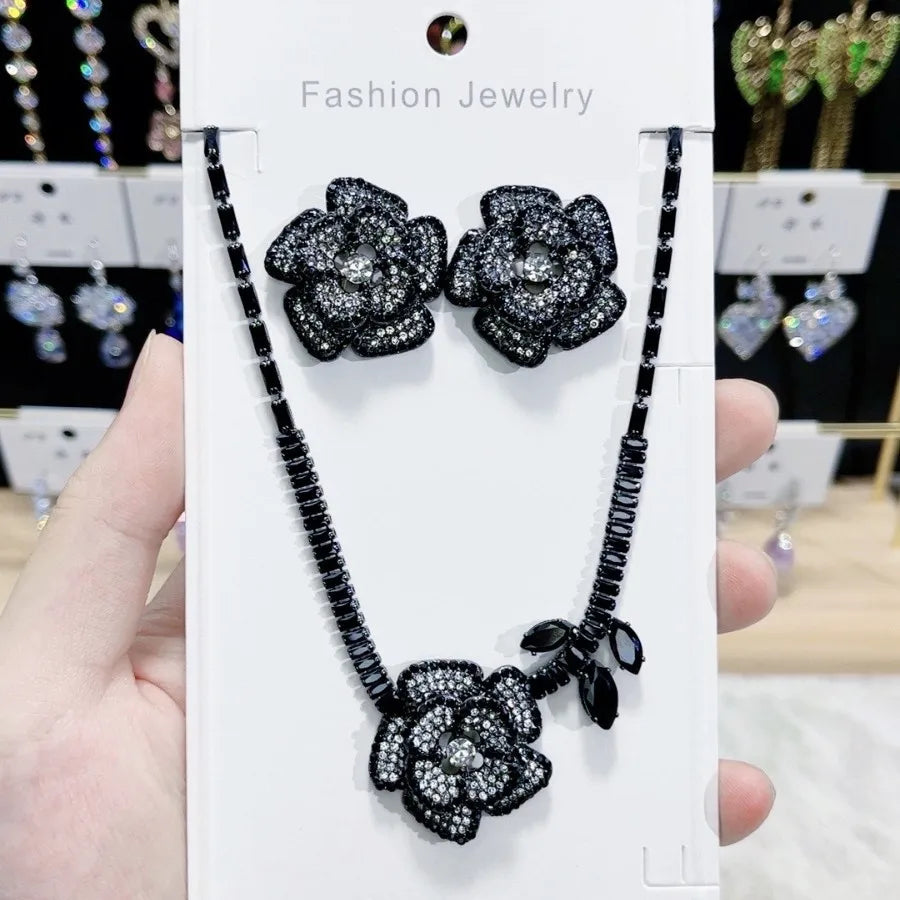 K094 Hot Selling Women Trendy Luxury Black Flower Zircon Necklace Earrings Set Wedding Elegant Jewelry Set
