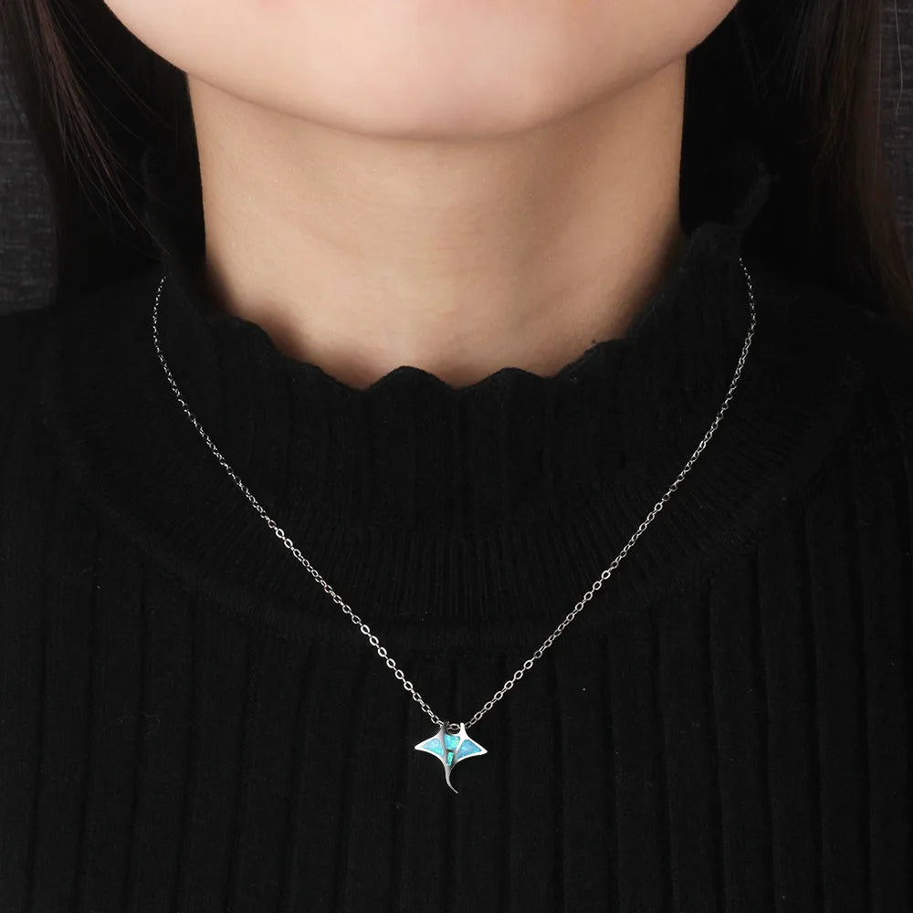 Hawaiian European American Style New Blue Opal Manta Ray Necklace Gold Plated Sweater Chain Pendant