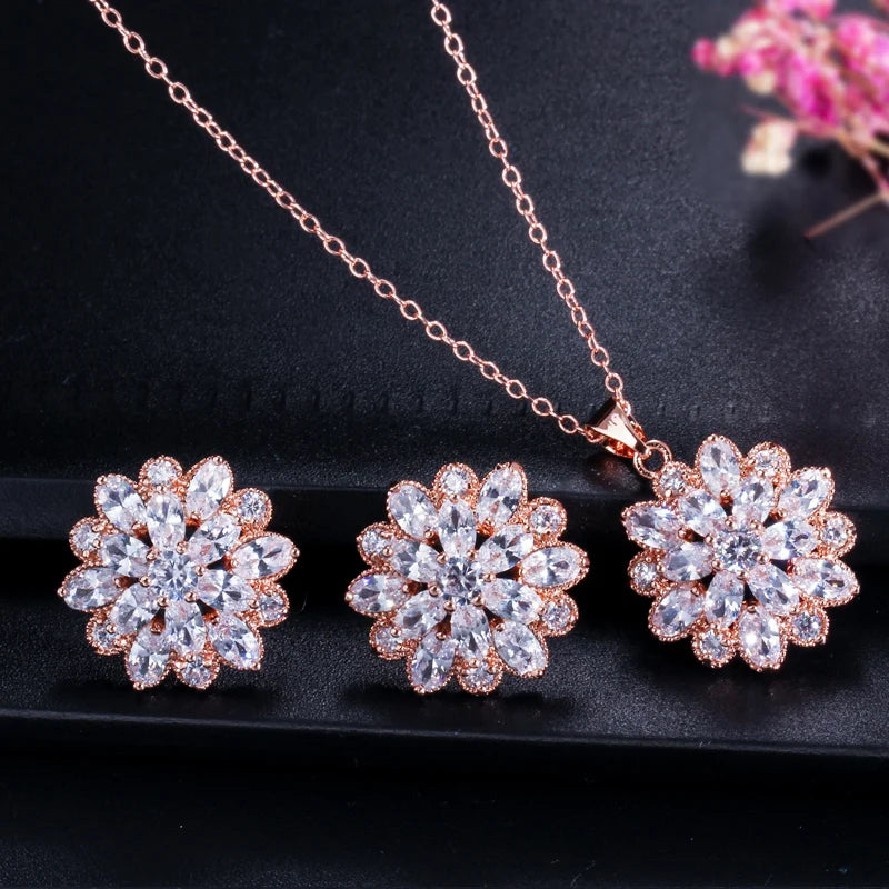 Sparking Clear White CZ Stone Rose Gold Color Women Flower Shaped Stud Earrings and Necklace Jewelry Set for Lady Fashion Gift