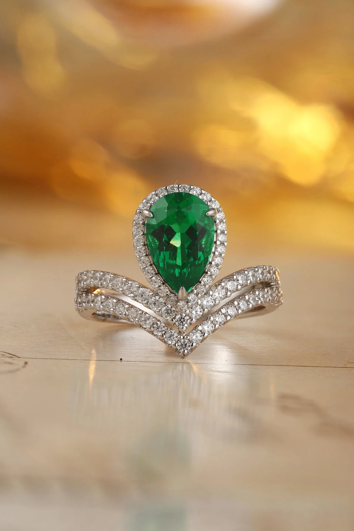 Gemfiori 925 Sterling Silver Pear Cut Lab Grown Emerald Ring Pear Shape Band Women Engagement Wedding Party Fine Jewelry Gift