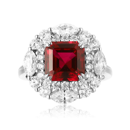 Gemfiori Hot Selling Asscher Cut Lab Grown Ruby Ring Sweet Elegant Vibe Fadeless Finish Premium Luxury High Grade Jewelry Piece