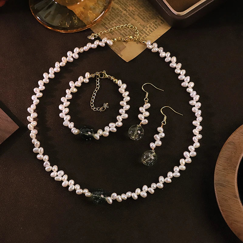 Natural Freshwater Pearl Glass 3PCS Jewelry Set  for Women Wedding Engagement Dating Bridal Pearl Jewelry Set Minimalist Jewelry