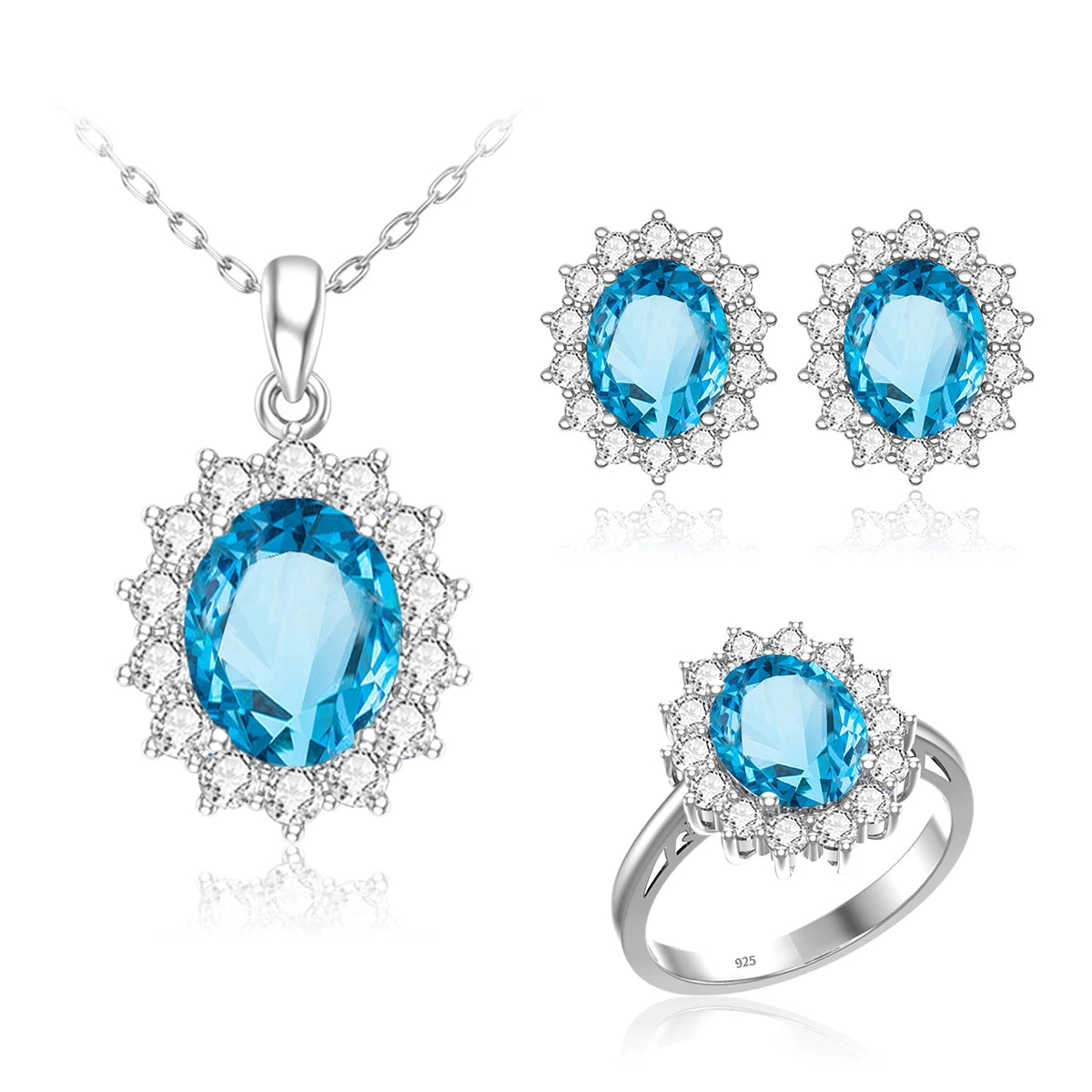 ArtistA Luxury Bridal Jewelry Set 925 Sterling Silver Sapphire Halo Ring Earrings Pendant for Women's Wedding Jewelry