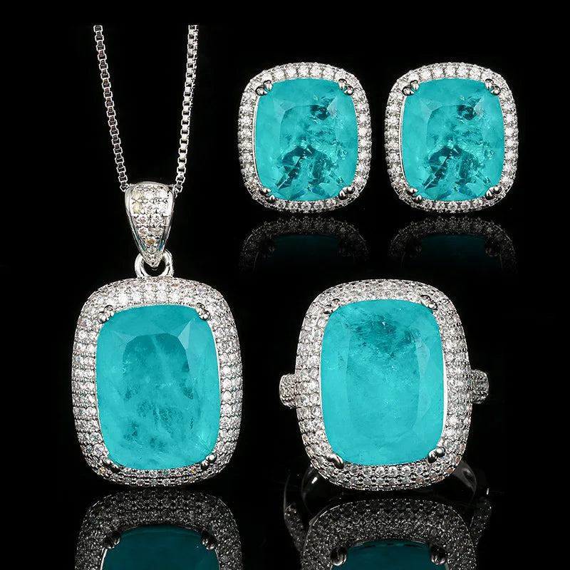 REDheart Brass Zircon Flower Shape Pendant Simulation Paraba Blue Gold Plated Trendy Women's Jewelry Set