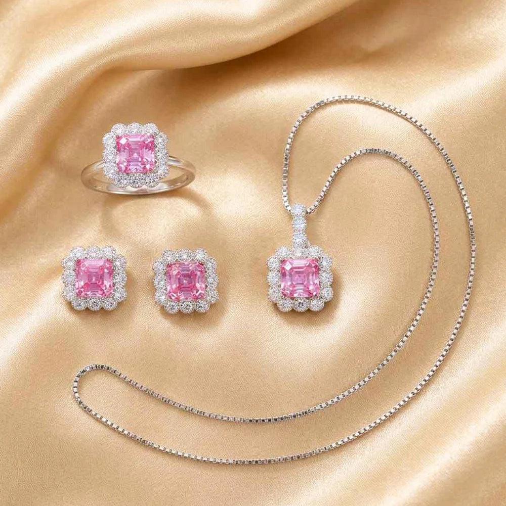 REDheart Sakura Pink Moissanite Jewelry Set 925 Sterling Silver Ring Pendant Earrings Bridal Wedding Gift for Women