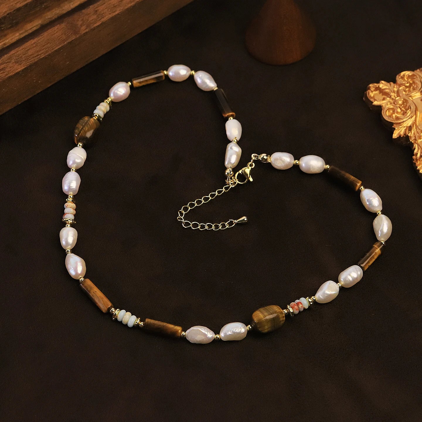 Natural Freshwater Pearl Tiger Eye Shoushan Stone Beaded Necklace for Women Daily Wear Vacation Retro Necklace Bohemian Jewelry