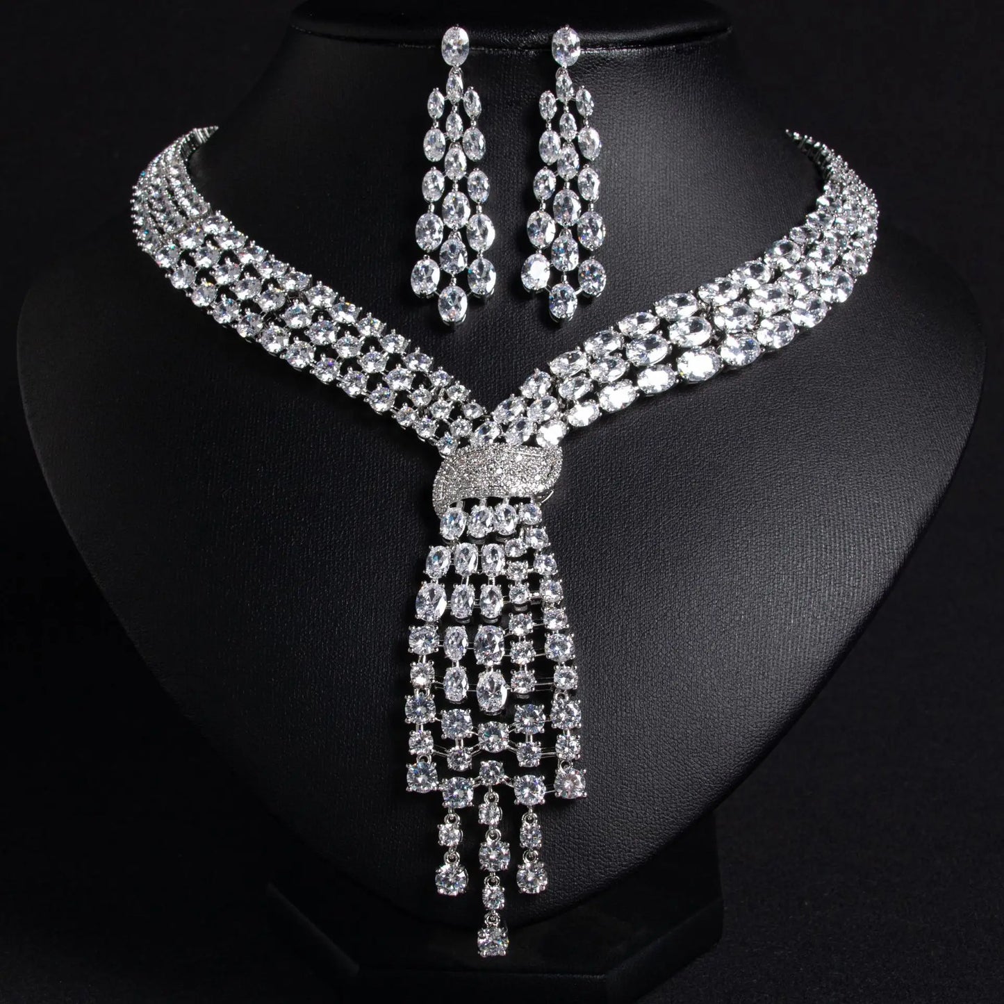 Luxury Oval-Cut Zirconia Dubai & Moroccan Tassel Statement Necklace & Earrings Bridal Set — Gold & Rhodium Plated