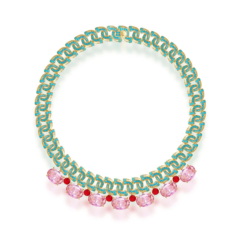 New Pink Blue S-shaped Necklace Earrings Gold Plated Elliptical Colourful Zirconia Elegant Bridal Engagement Dress Set