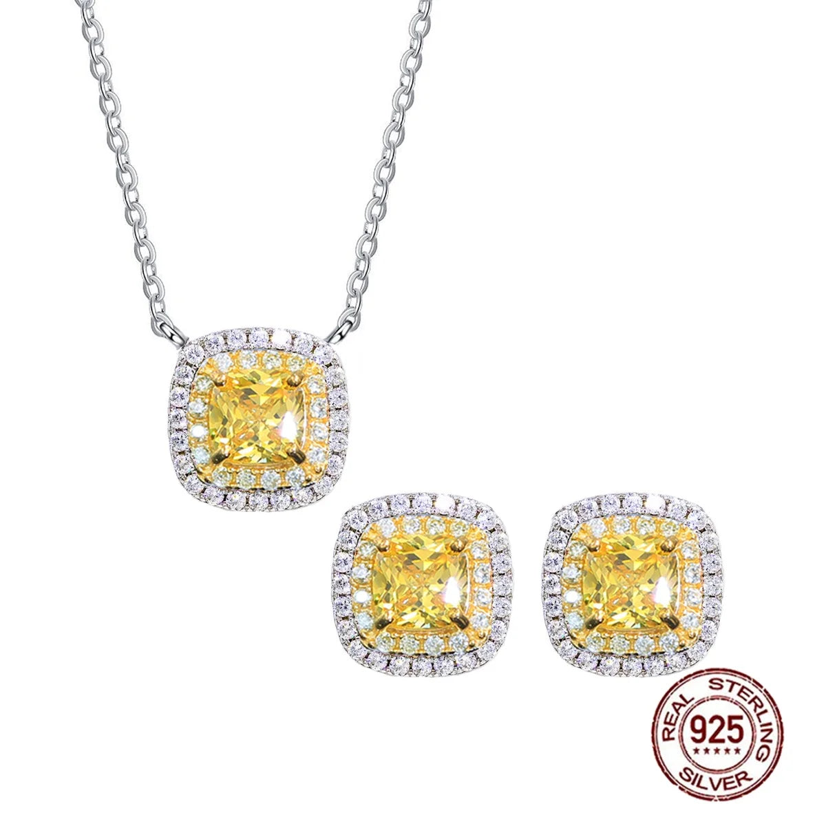 925 Sterling Silver Double Halo Necklace Earrings Simulated Canary Yellow Diamond CZ Pave Jewelry Set for Women Sensitive Skin