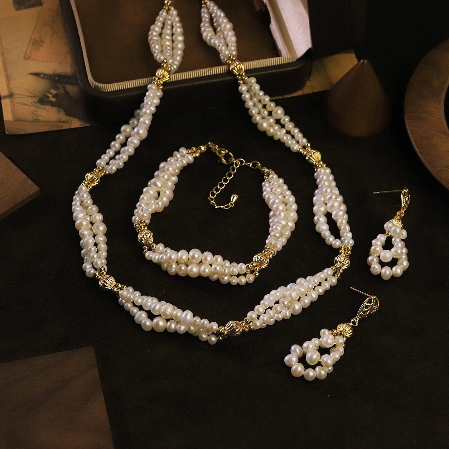 GLSEEVO Natural Freshwater Pearl Dainty Bridal Necklace & Bracelet Set — Wedding & Bridesmaid Gift | White
