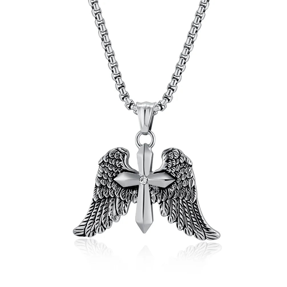 S&S Novirassine Black Gun Plated Stainless Steel Angel Wing Cross Pendant Necklace Vintage Link Hypoallergenic Unisex Party Jewelry