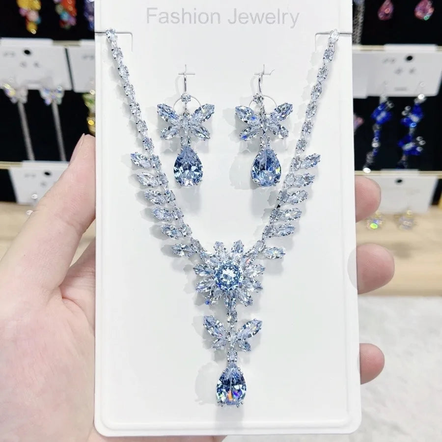K065 Wholesale Women Trendy Luxury Butterfly and Flower Zircon Bridal Necklace Earrings Set Wedding Elegant Jewelry Set