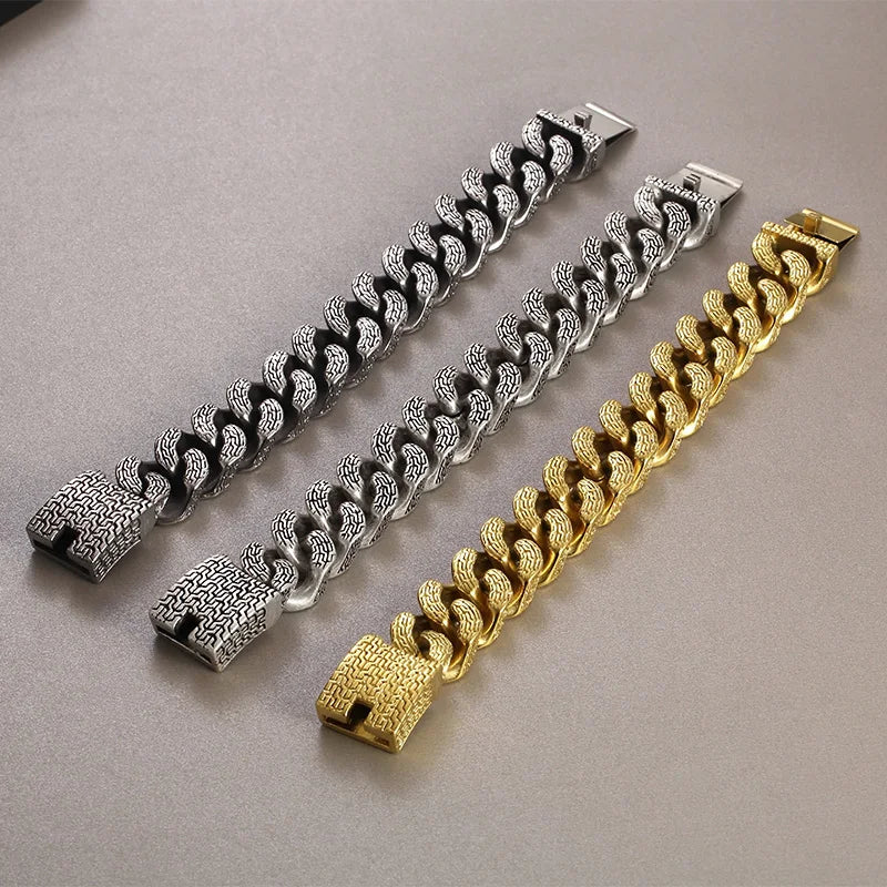 KALEN Men Retro 220mm Stainless Steel Tire Mark Cuban Links Bracelet