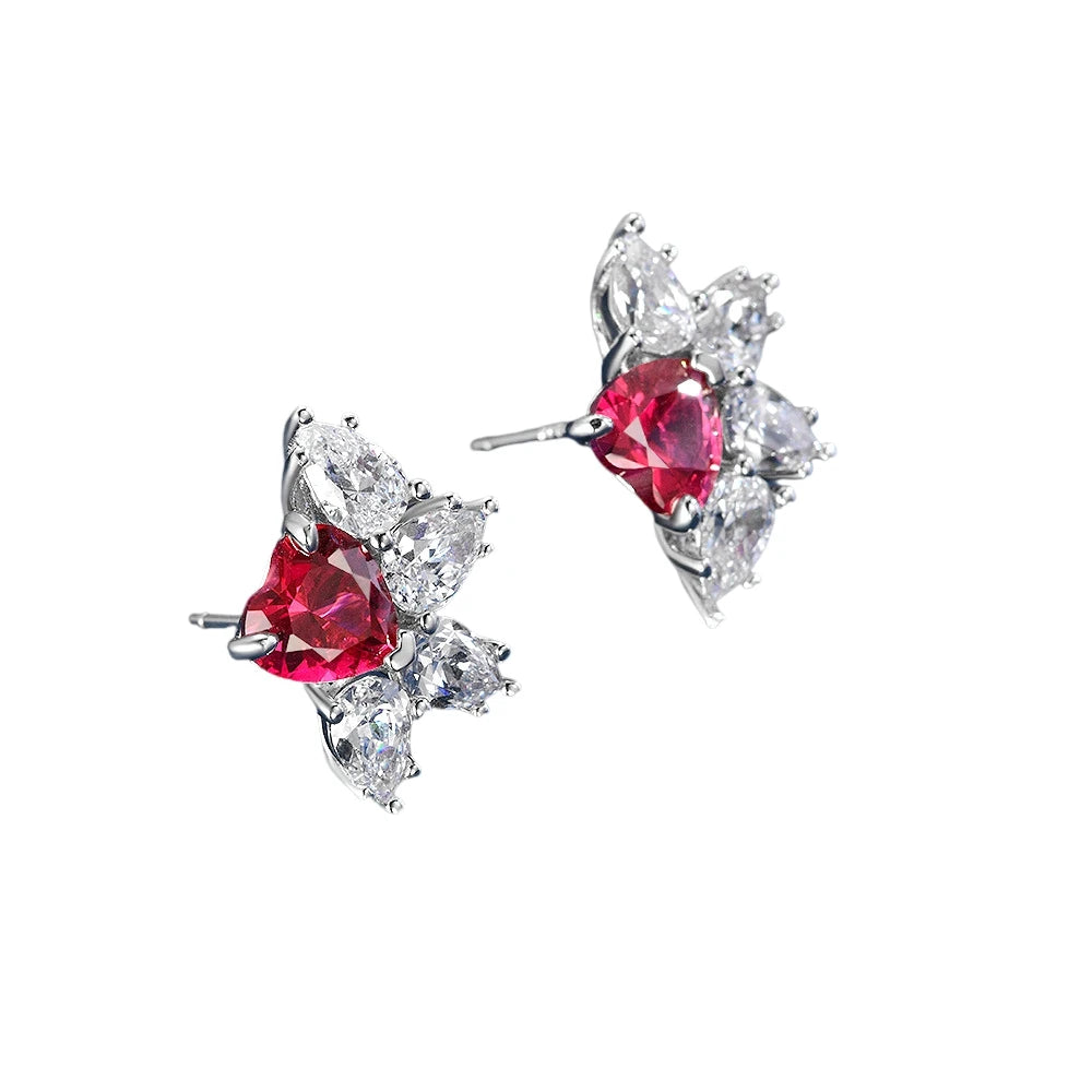 MUSHAN Jewelry Factory 925 Silver 1 Carat Heart Shaped 7*7 Lab Grown Ruby Earrings High End European and American Style