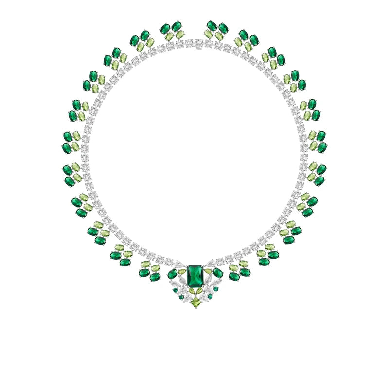 2023 Fashion Premium Jewelry Set Brass Rhodium Plated Green Zircon Jewelry Women's Necklace Earring Set
