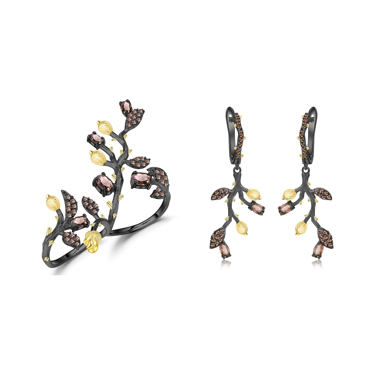 ArtistA Gold Plated Dainty 925 Silver Natural Gemstone Smoky Quartz Tree Leaf Branch Earrings Adjustable Two Finger Ring 2 Tone Set