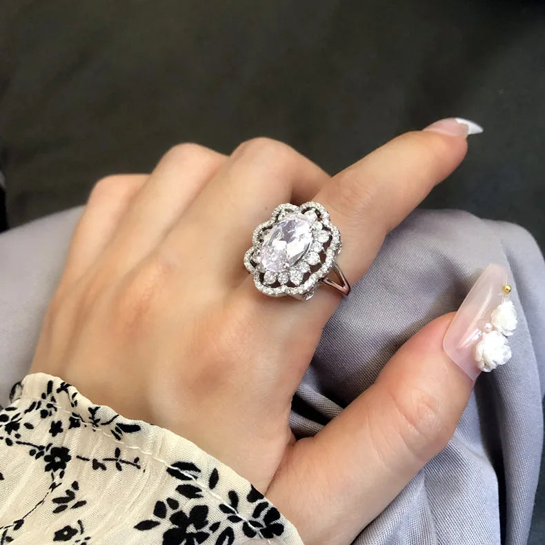 MuShan Jewelry Factory 5.5ct Egg Shaped 8 * 12 Candy pink Diamond 925 Sterling Silver Ring Womens High Carbon Diamond Jewelry