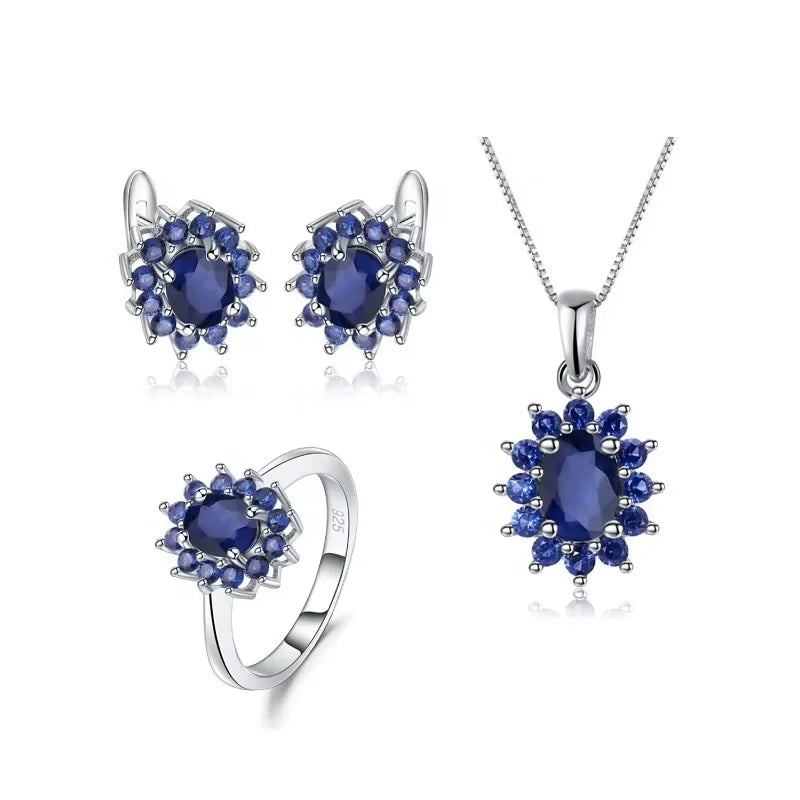 ArtistA Abiding Luxury Silver Fine Jewelry Set Natural Diffusion Sapphire Cluster Flower Ring Earing Pendant Necklace Set