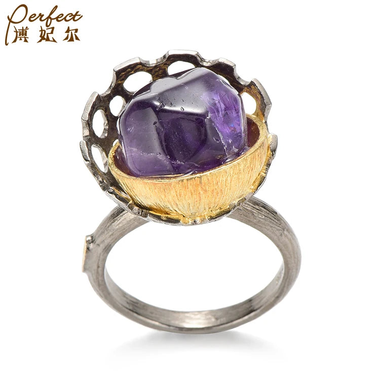ODM Custom Handmade Creative Amethyst Jewelry Silver Ring Designs for Women