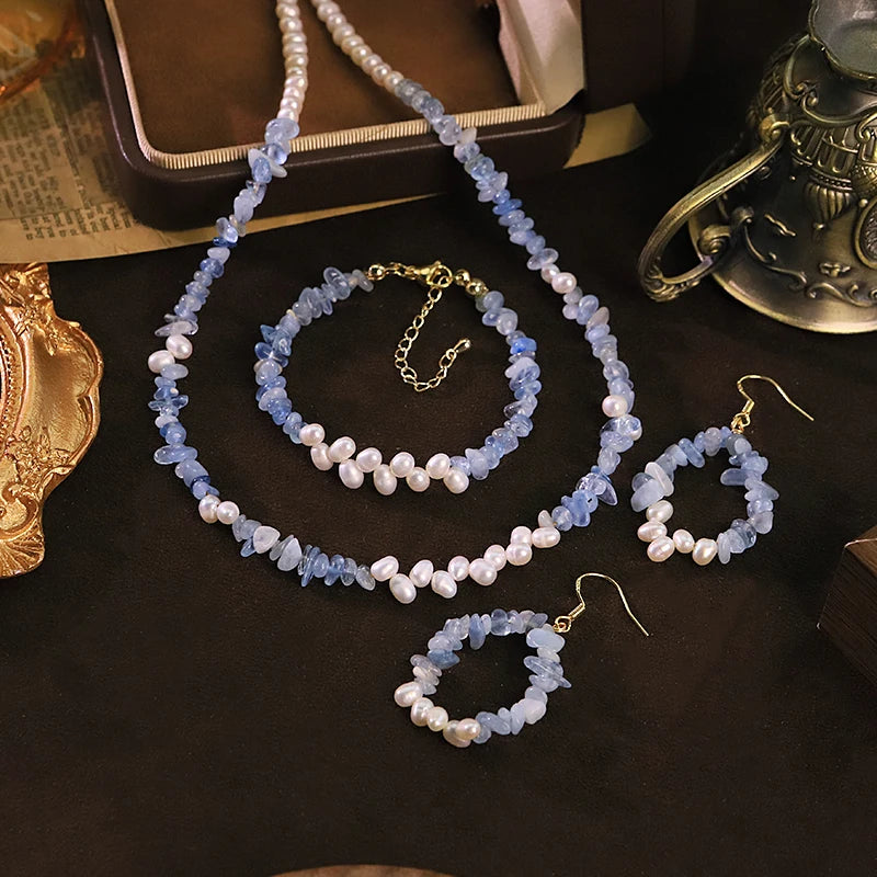 GLSEEVO Natural Freshwater Pearl Aquamarine Jewelry Set for Women Daily Wear Dating Party Pearl Jewelry Set Minimalist Jewelry
