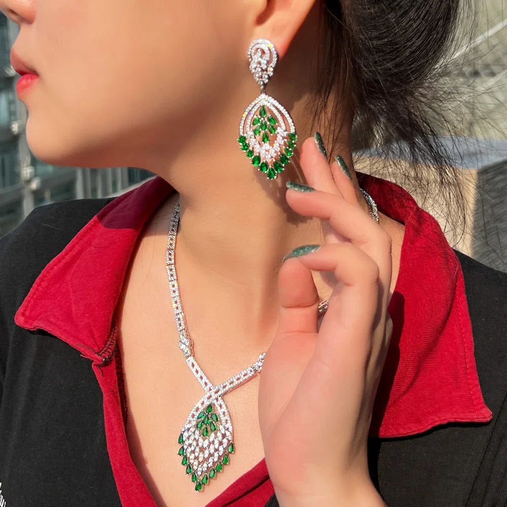 Big Chunky Dangle Drop Green Cubic Zirconia Fringed Chandelier Bridal Wedding Dubai Earring Necklace Jewelry Set