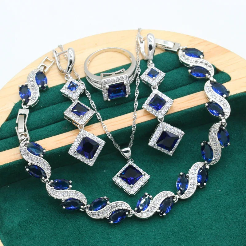 XOTICA Silver 925 Ladies Sets Blue Zircon Long Earrings Ring Pendant Bracelet Alloy Material-for Wedding Party Gift Sets for Women