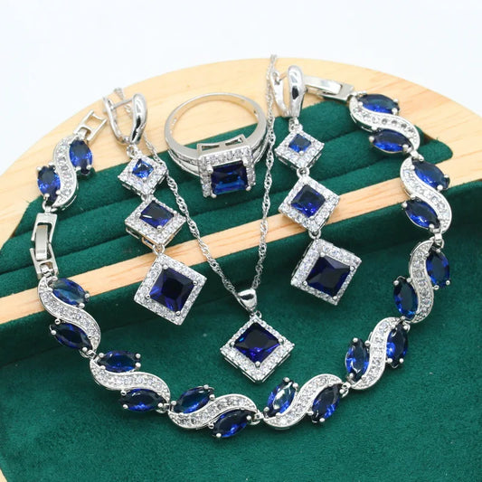 Silver 925 Ladies Sets Blue Zircon Long Earrings Ring Pendant Bracelet Alloy Material-for Wedding Party Gift Sets for Women