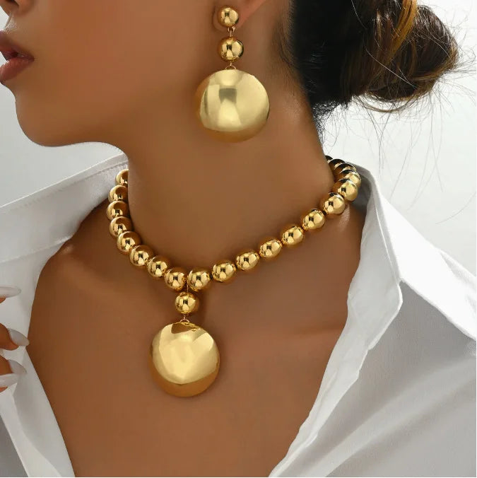 18K Gold Vintage Bead Power Necklace, Earrings & Ring Jewellery Set | High-End Pendant Fashion Set