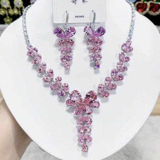 K040 Top Quality Trendy Luxury Exquisite Zircon Butterfly Necklace Earrings Set Women Elegant Jewelry Set for Party