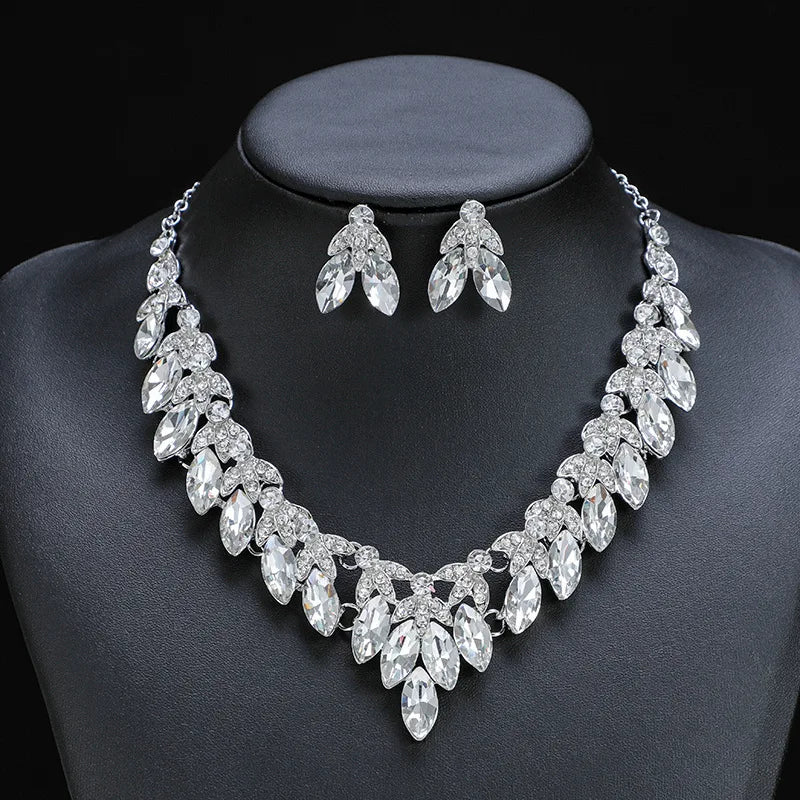 Retro Crystal Flower Clavicle Necklace & Earrings Set | Exaggerated Rhinestone Fashion Jewellery | 5 Colours