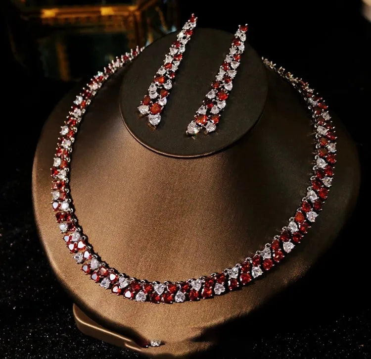 Luxury All-Around Cushion-Cut Zirconia Flower Statement Necklace & Drop Earrings Set — Silver Plated