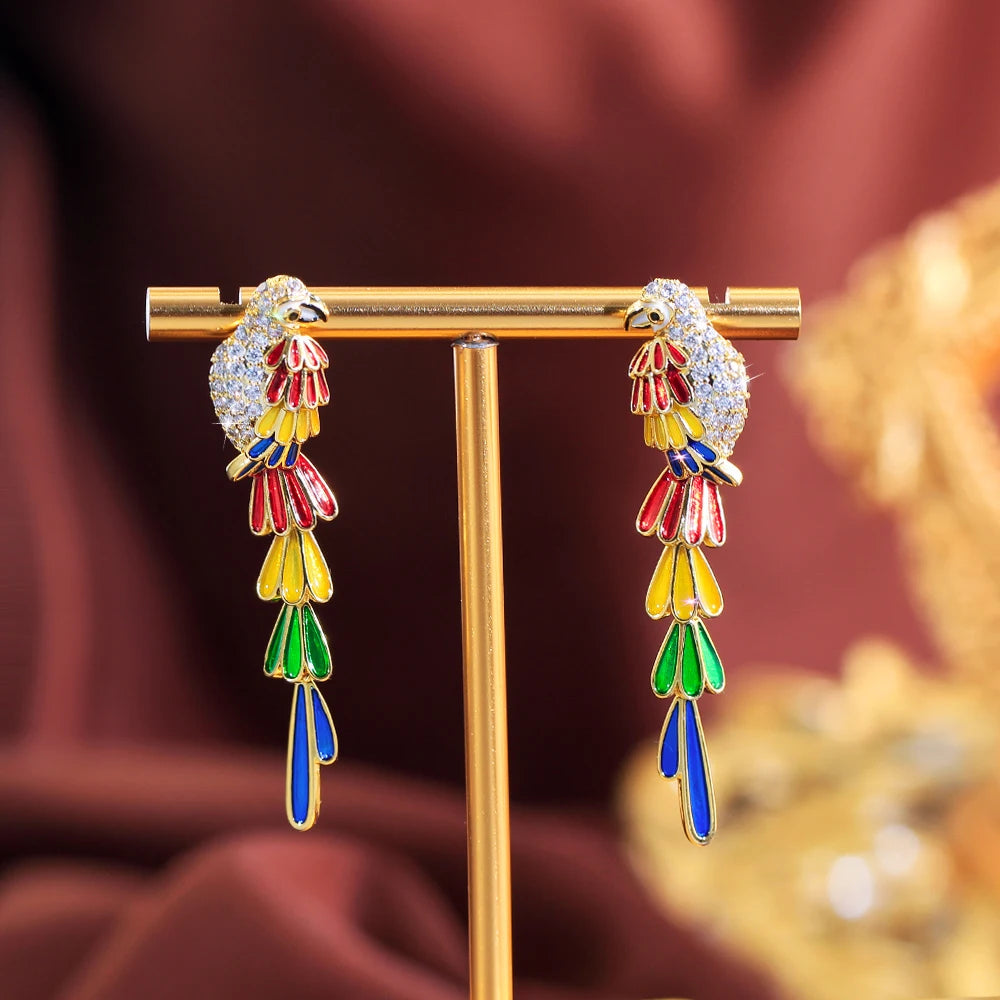 S&S Colourful CZ Feather Bird Dangle Drop Earrings – Gold Plated – Collection