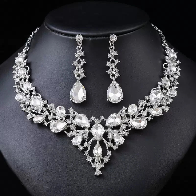 XM S393 Gold Plated Marquise Topaz Floral Necklace & Earrings Bridal Set