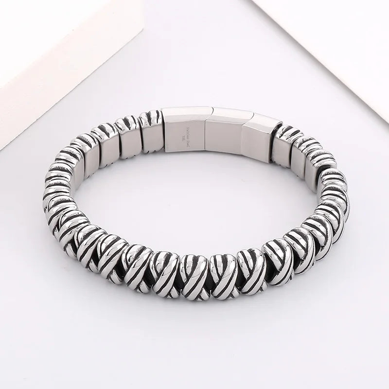 REBEL 225mm Fashion Cowhide Leather&Stainless Steel Wrapping Bandage Links Bracelet
