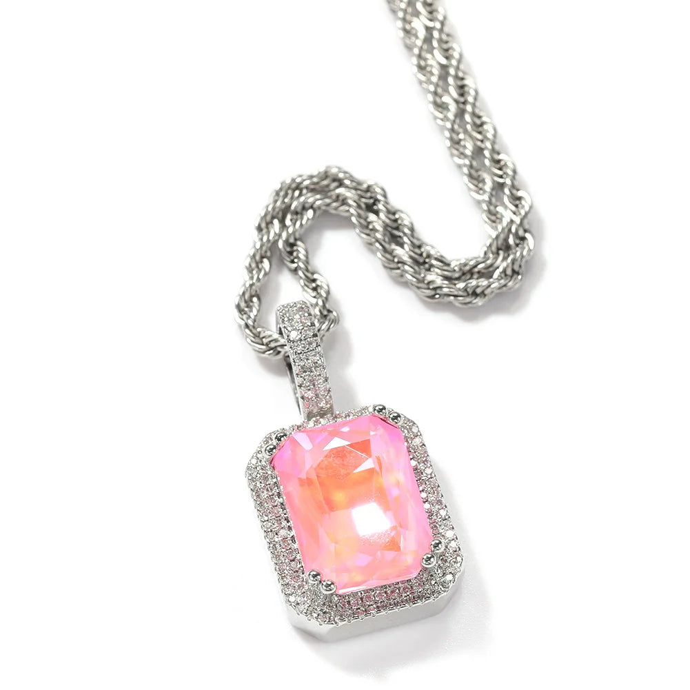 BiG-BOSS Hip Hop Mocha Fluorescent Square Solid Gemstone Pendant Necklace Trendy Cold for Men Women Perfect Neutral Sweater Chain Gift