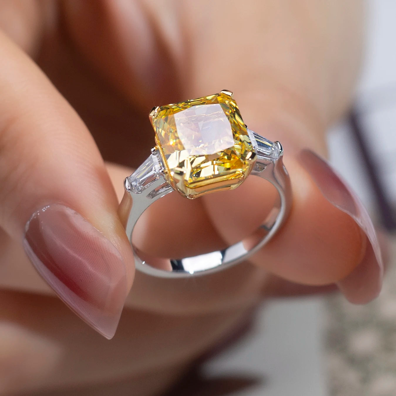 Messi Jewelry MSR-961 High Carbon Cubic Zircon Yellow Diamond Ring Jewelry S925 Radiant Cut Solitaire  Engagement Wedding Ring