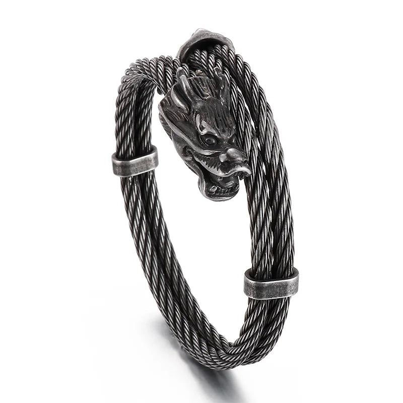VIKING Mens Punk Dragon Head & Tail Cuff Bracelet – Black, Gold & Silver