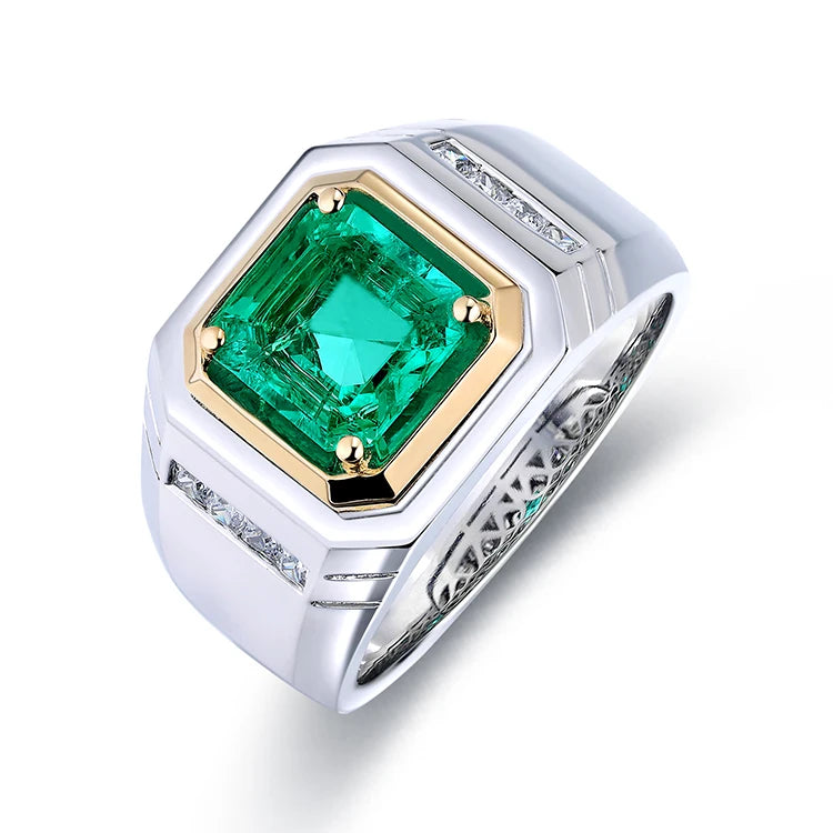 Gemfiori 925 Sterling Silver Band Ring Lab Grown Emerald Men Adjustable Size Custom 925 Sterling Silver Rings for Men