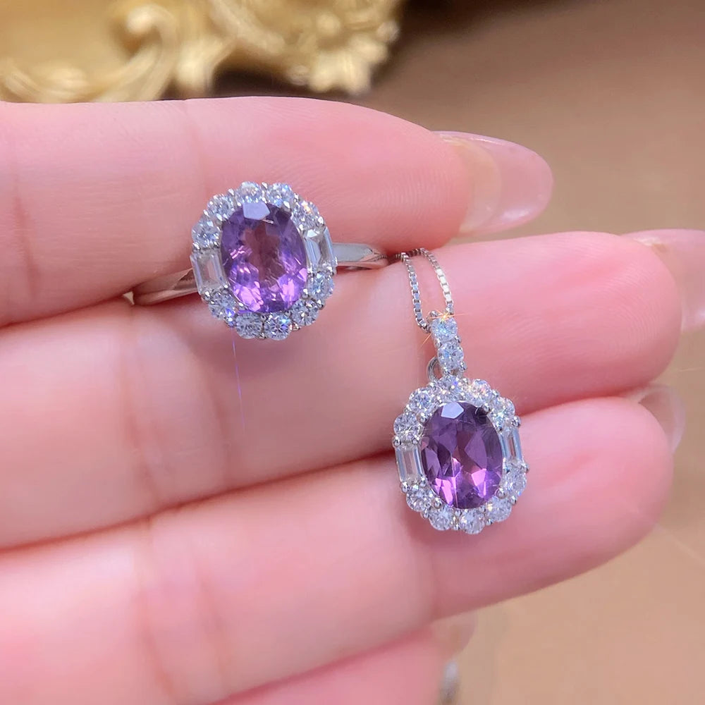 REDheart Natural Amethyst Ring Pendant Jewelry Set Rhodium S925 Silver Luxury Gemstone Fine Jewelry Women Wedding Anniversary Gift