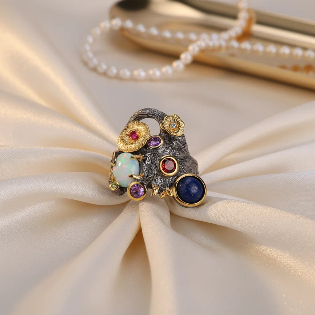 Thailand Style Design Colorful Stone 925 Sterling Silver Ring With Black Gold Plated
