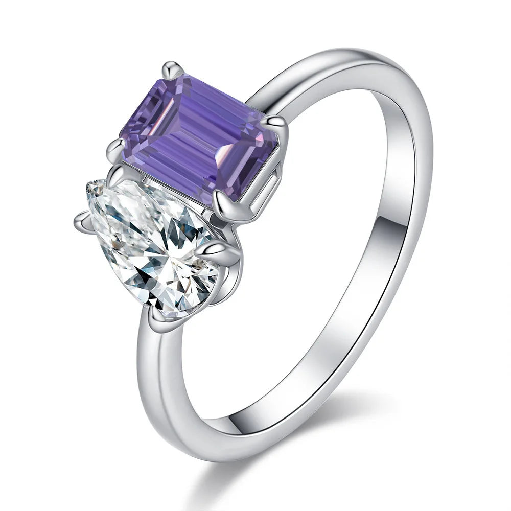 ArtistA Fancy Cut Full Moissanite Jewelry S925 Silver PT950 Platinum Plated Emerald & Pear Cut Two Diamonds VVS GRA Moissanite Rings