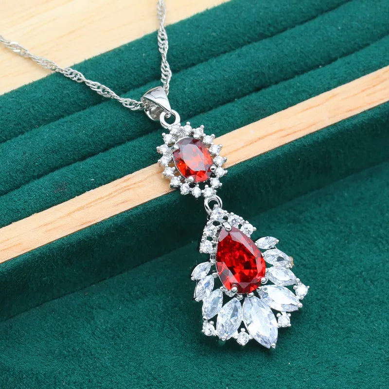 XOTICA Classic Dubai Set for Women Red White Zircon Silver Color Alloy Bracelet Earrings Necklace Pendant Ring for Wedding Parties