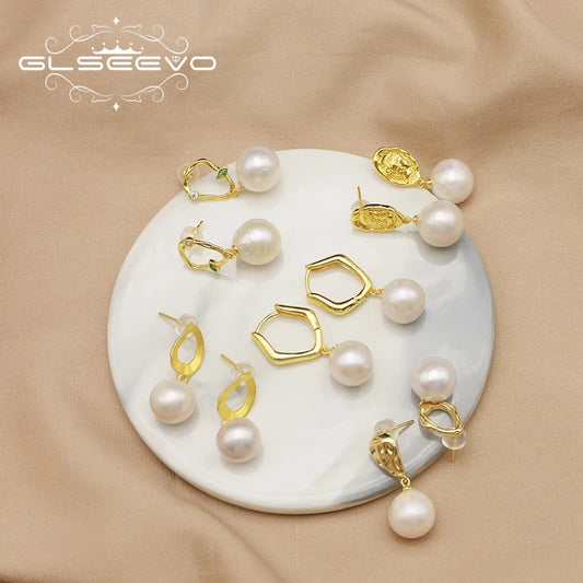 New Fashion 925 Sterling Silver Earrings 18k Gold Plated Freshwater Pearl Pendant Earrings Fine Jewelry for Women