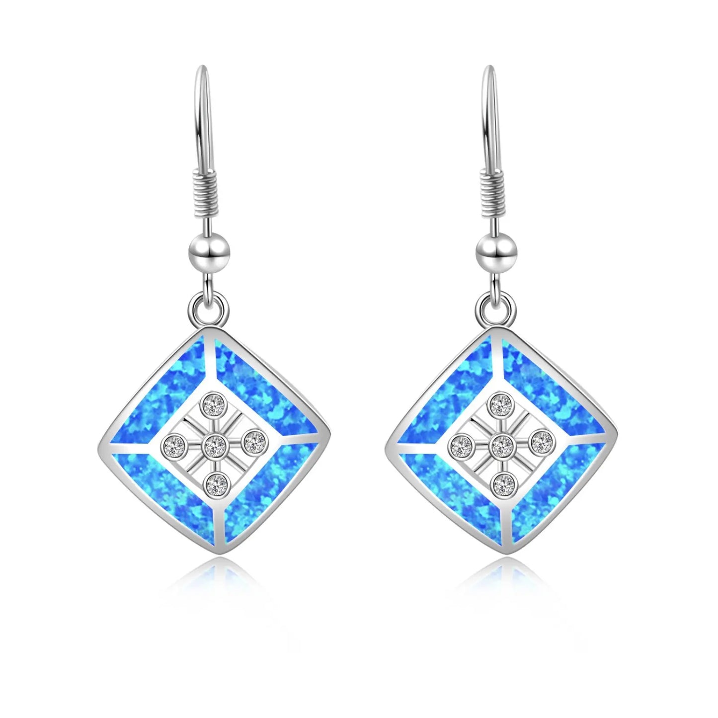 TikTok Ins Western Style Christian Geometric Blue Rhombus Opal Pendant Earrings Silver Plated Bohemian Women's Jewelry