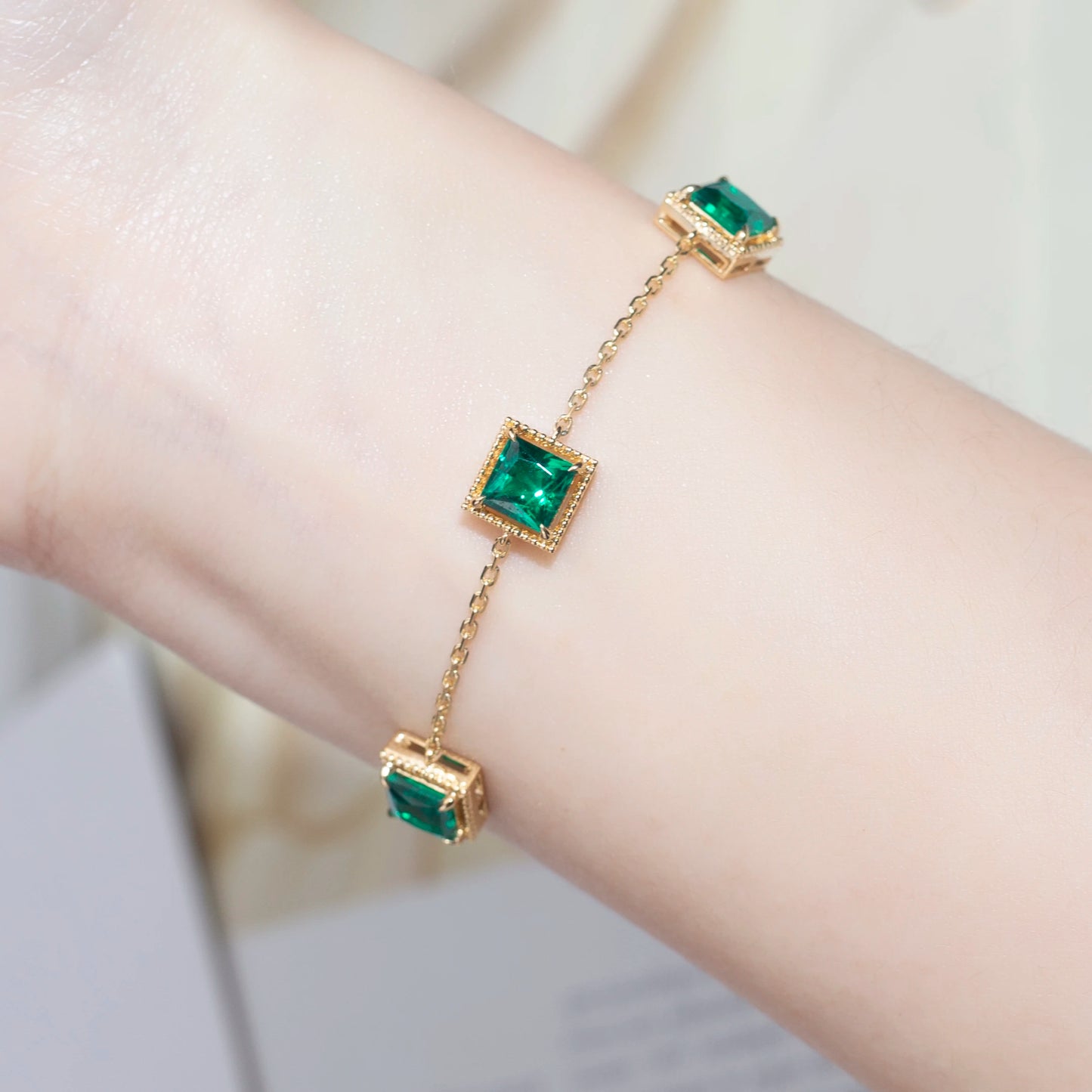 Messi Jewelry  MSB-550 18K Yellow Gold Lab Emerald Bracelets for Women